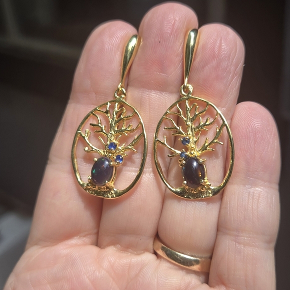 Opal & Sapphire Tree of life sterling & gold earrings - Picture 4 of 9